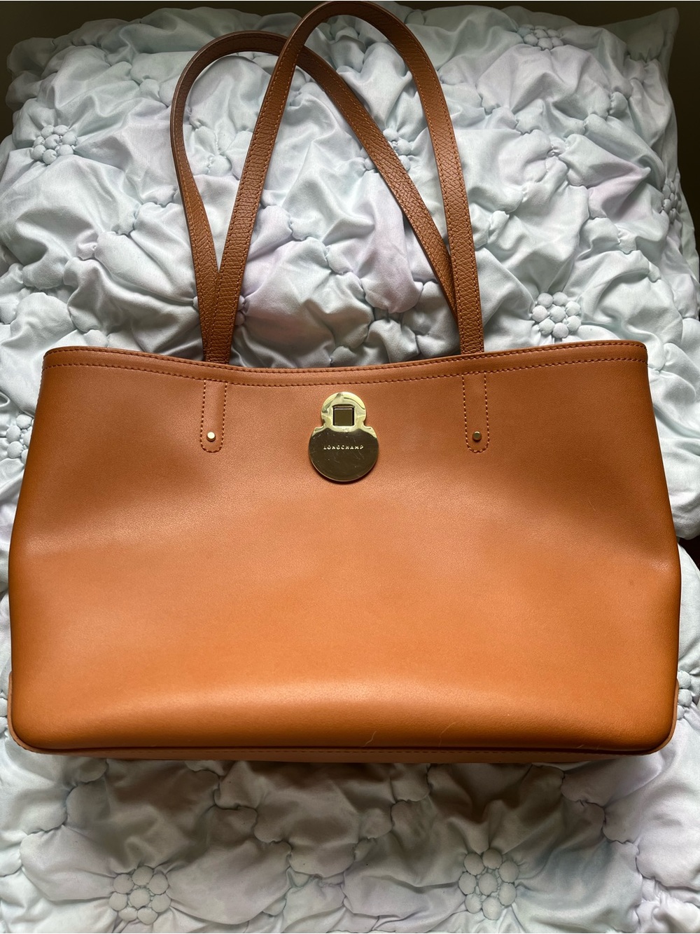 Longchamp Cognac Tan Leather Tote with Gold-Tone Medallion